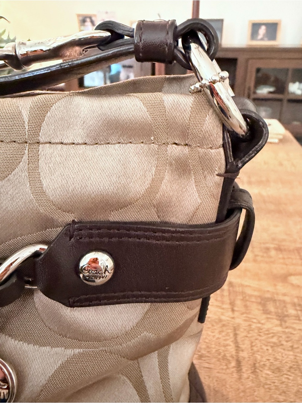 Y2K Aesthetic Coach Beige Signature Sateen Shoulder Bag with Brown Leather Trim - Picture 10 of 14